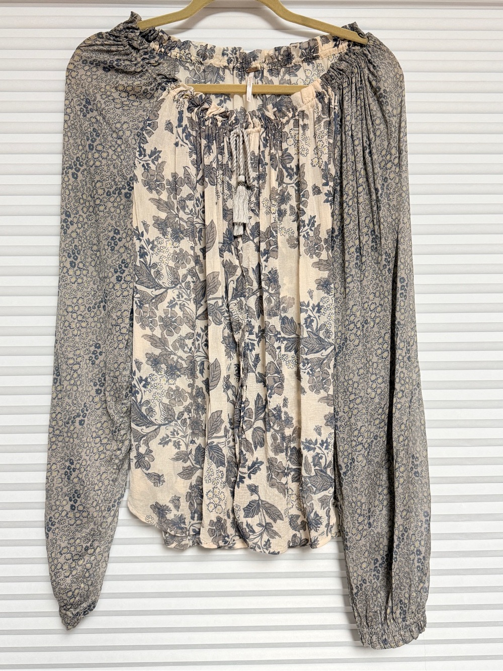 Free People Cream and Gray Floral Peasant Blouse